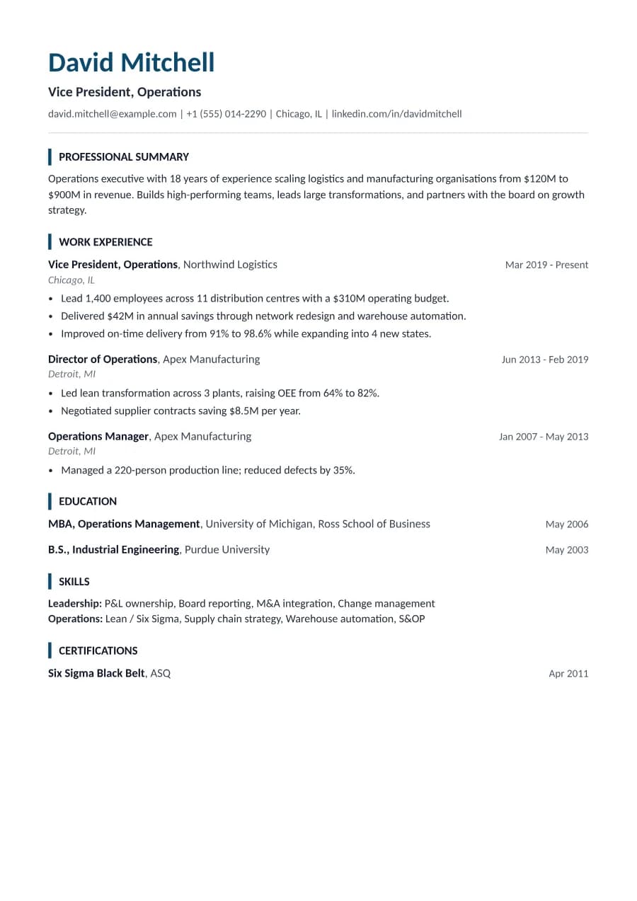Boardroom resume template preview: title line and career highlights section