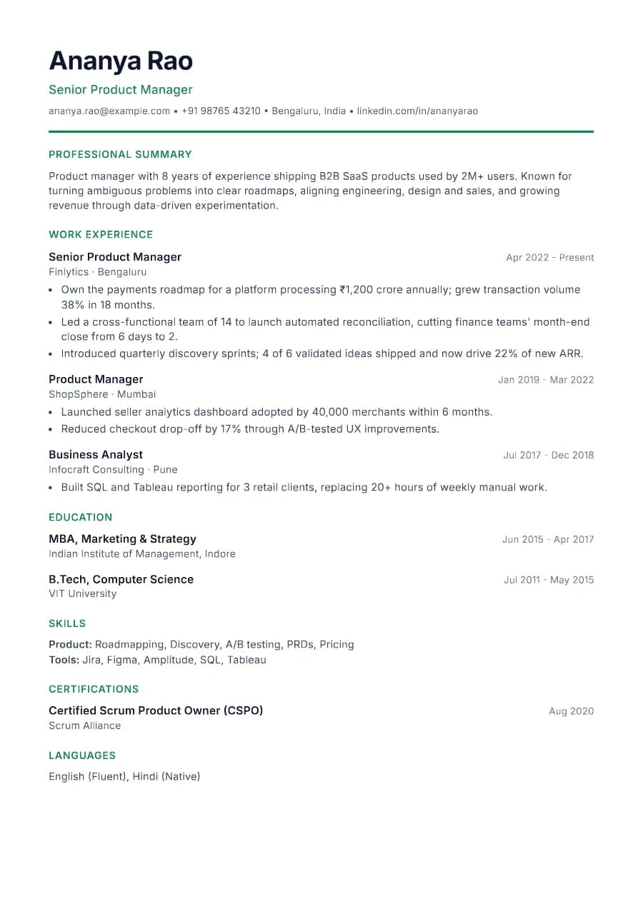 Clarity resume template preview: accent rule under the name, tight hierarchy