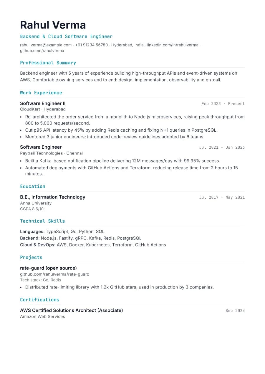 Developer resume template preview: grouped skills, projects with tech stack, github/linkedin