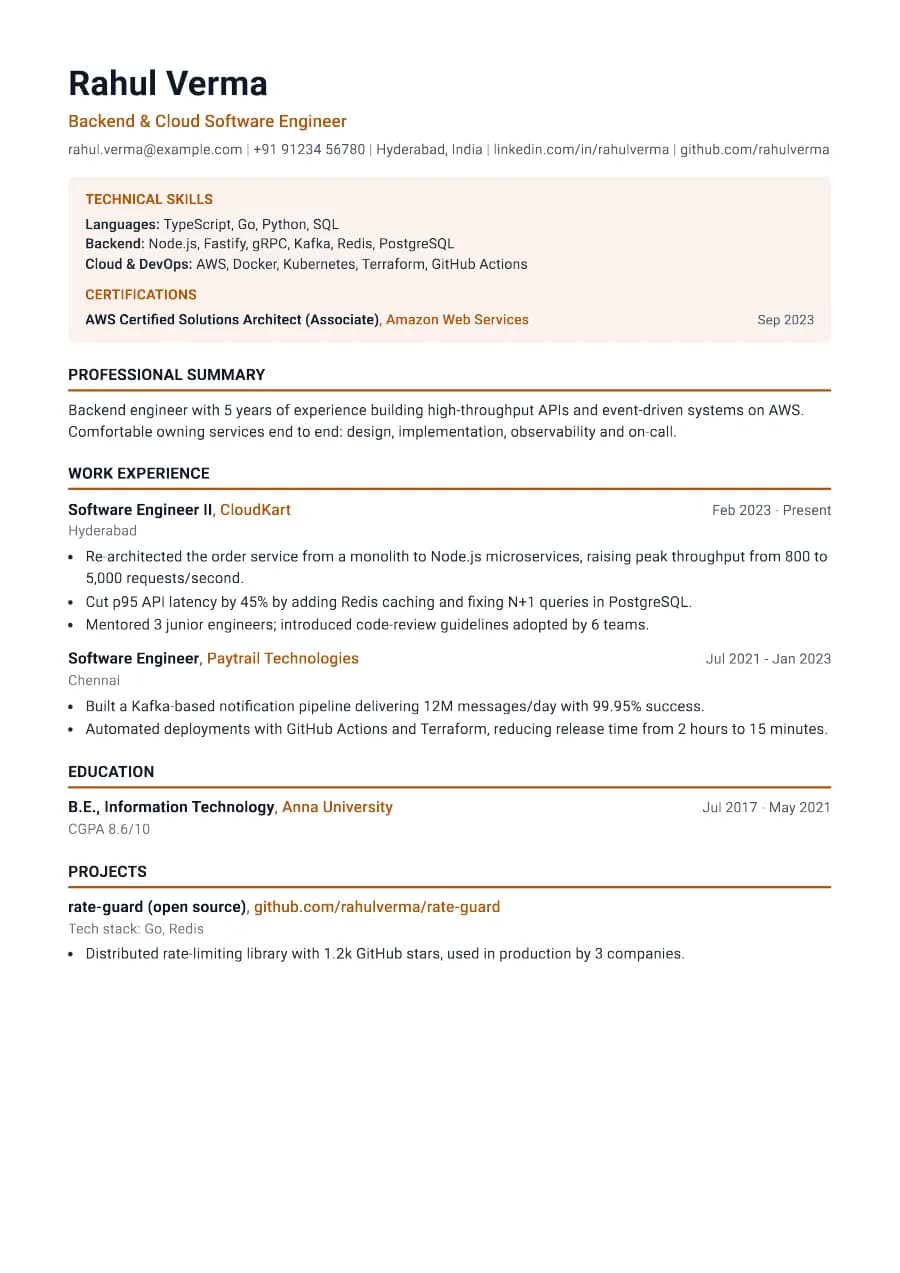 Engineer resume template, A4 preview with sample content