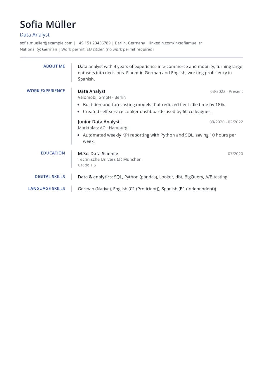 EU CV CV template, A4 preview with sample content