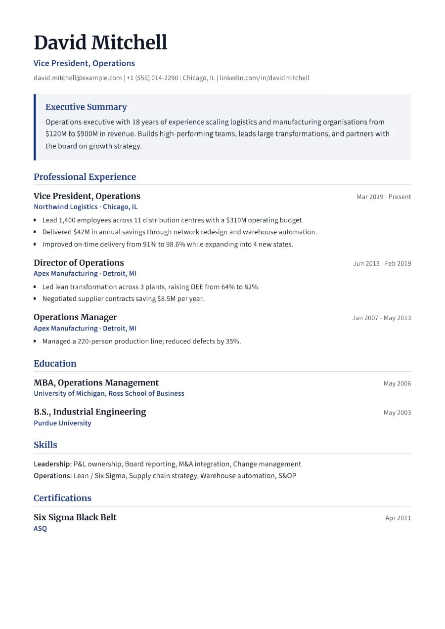 Executive resume template, A4 preview with sample content
