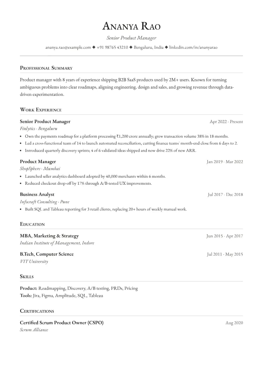 Formal resume template preview: small-caps headings, generous spacing