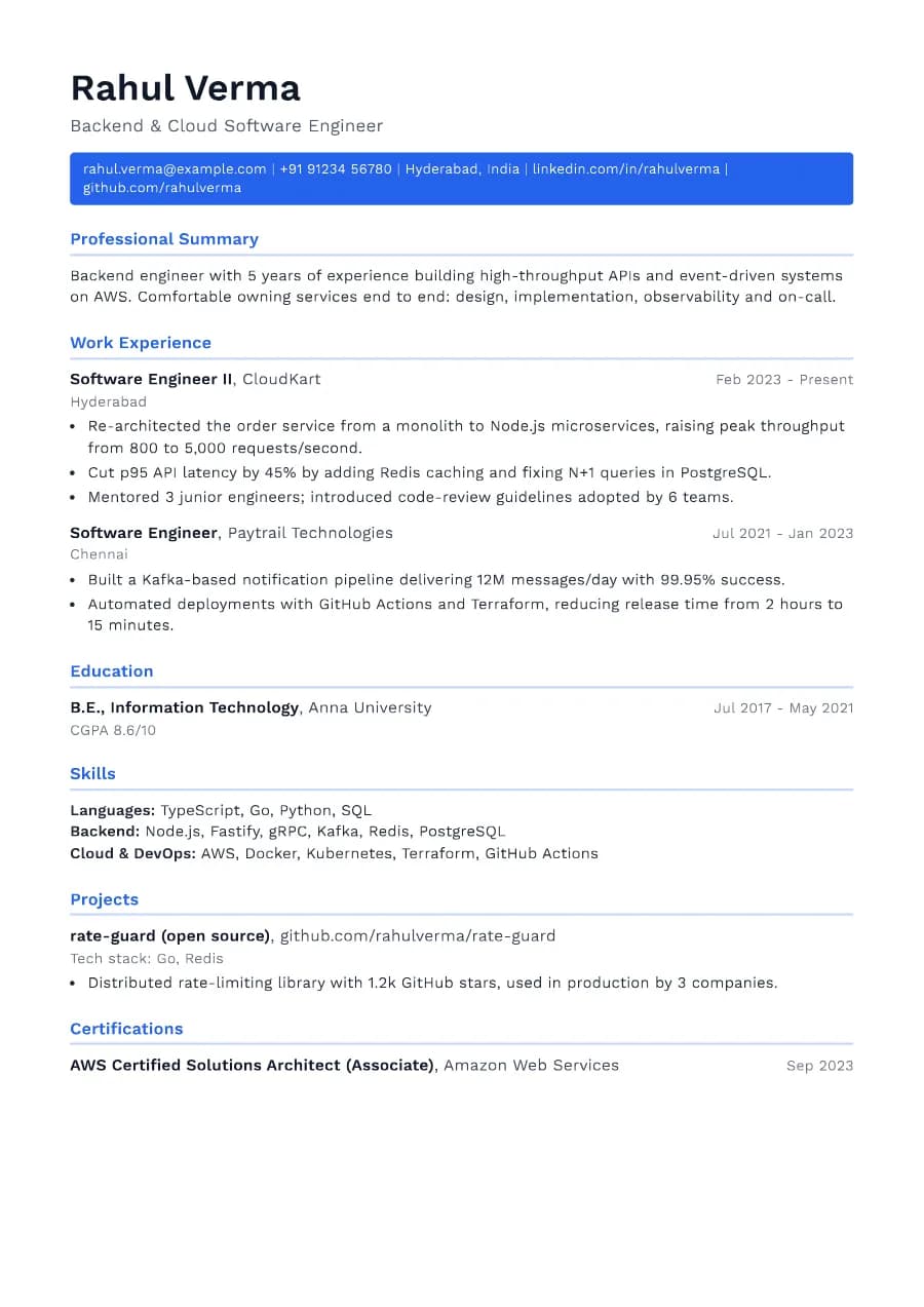Horizon resume template preview: single-line contact bar under the name