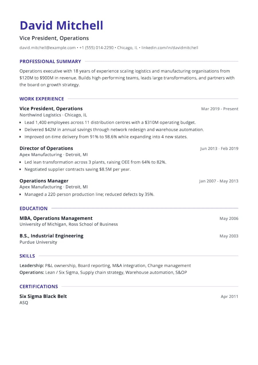 Leader resume template preview: two-page friendly, selected achievements