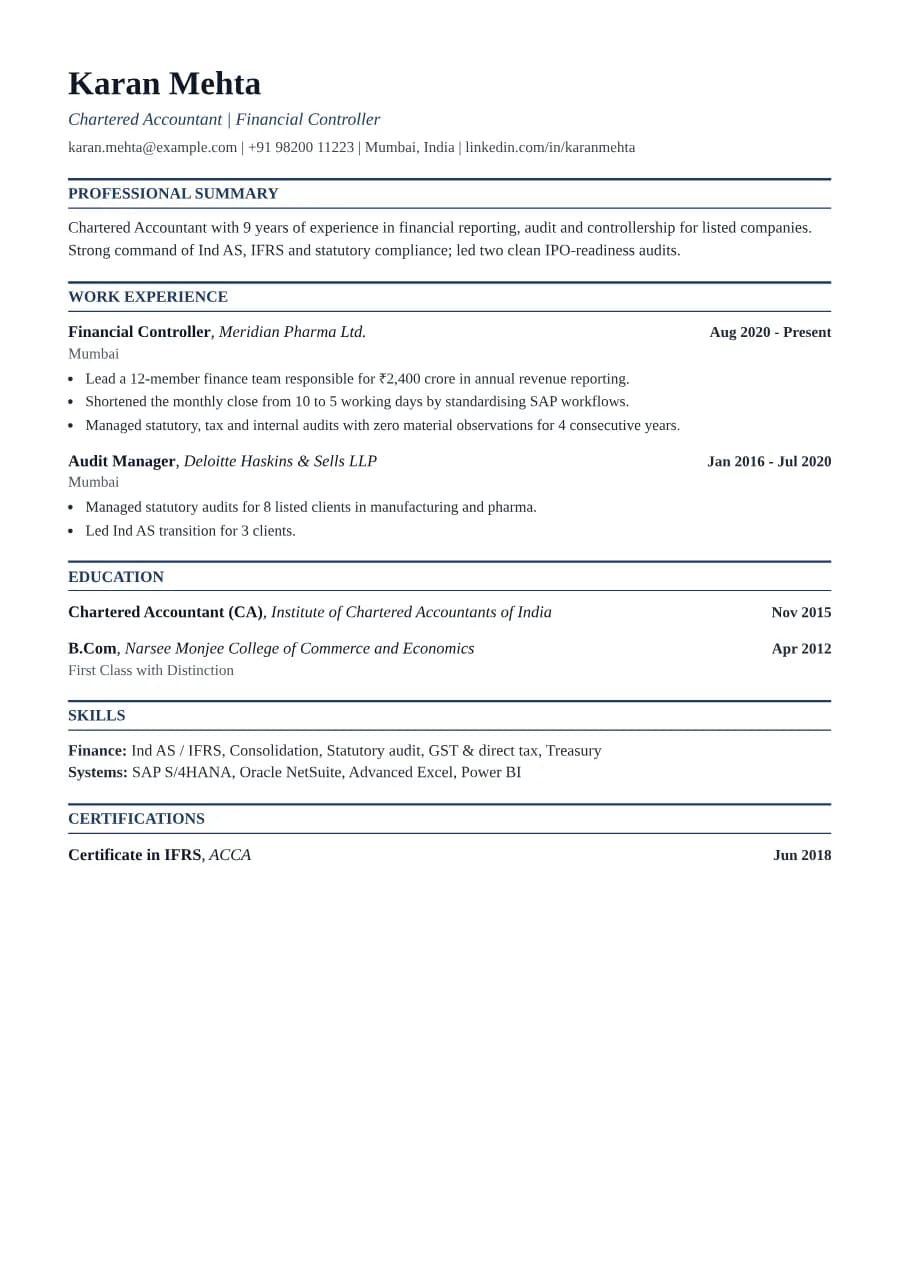 Ledger resume template, A4 preview with sample content