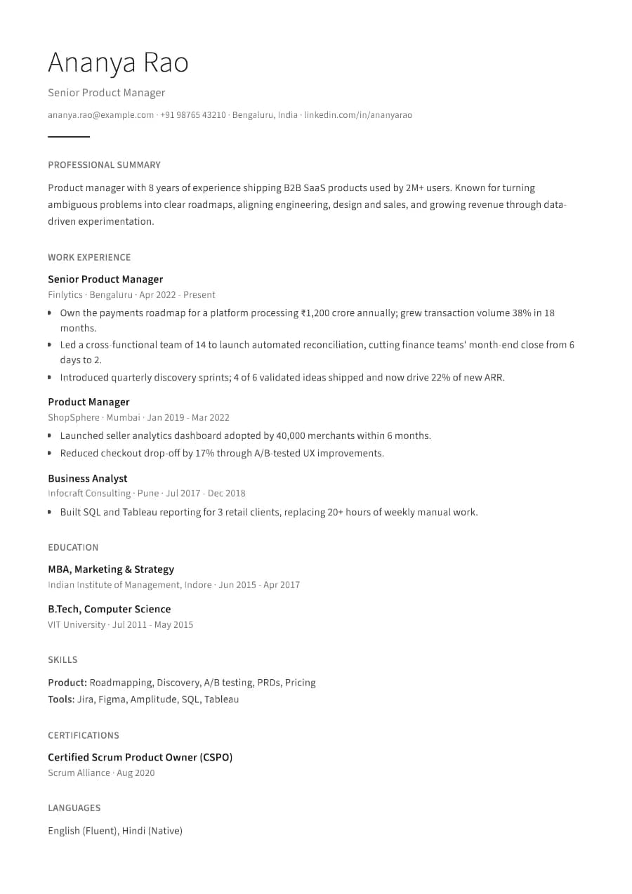 Minimal resume template, A4 preview with sample content