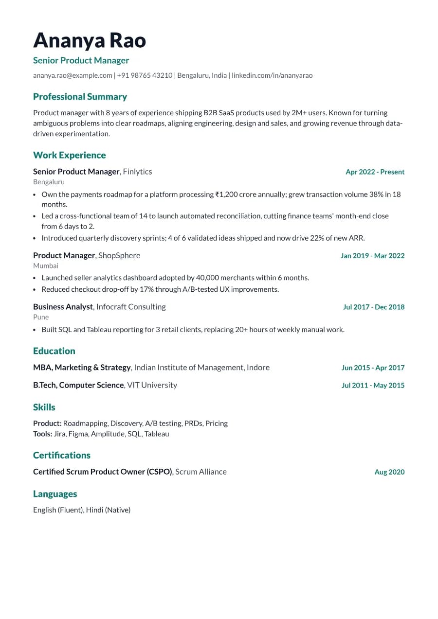 Nova resume template, A4 preview with sample content