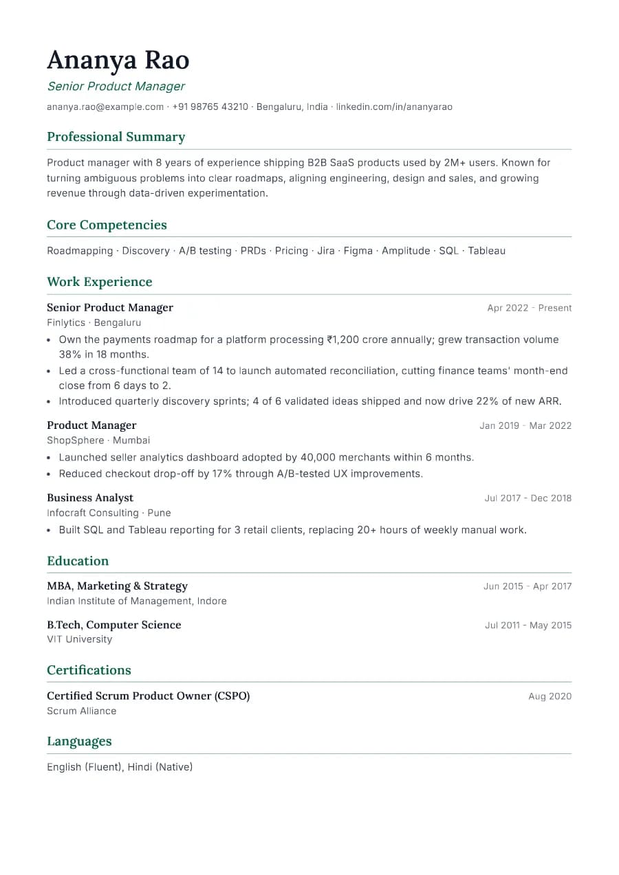 Strategist resume template preview: core competencies as a plain-text list