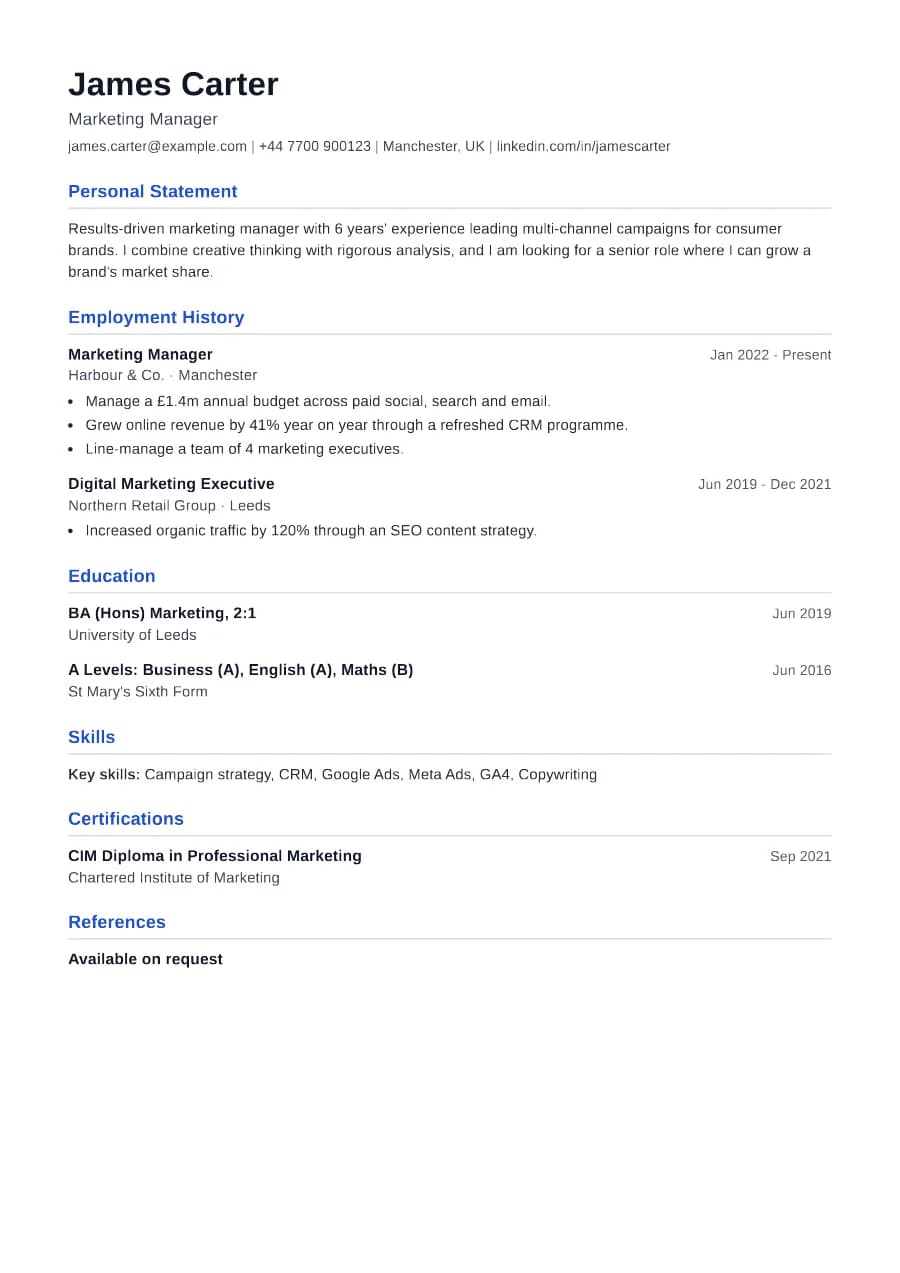 UK CV resume template preview: personal statement and uk cv conventions, no photo or dob