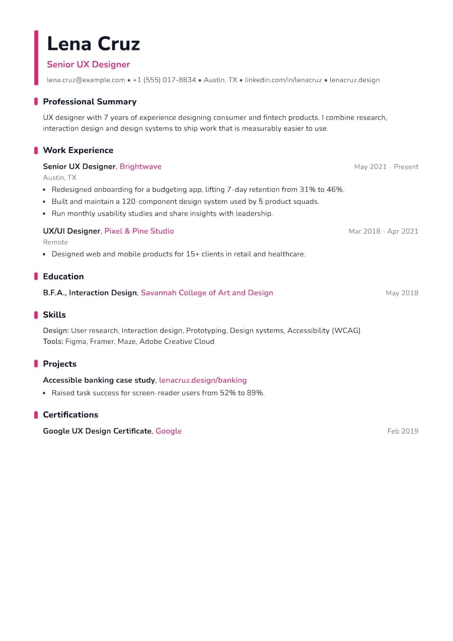 Accent resume template preview: coloured left accent bar (decorative only)