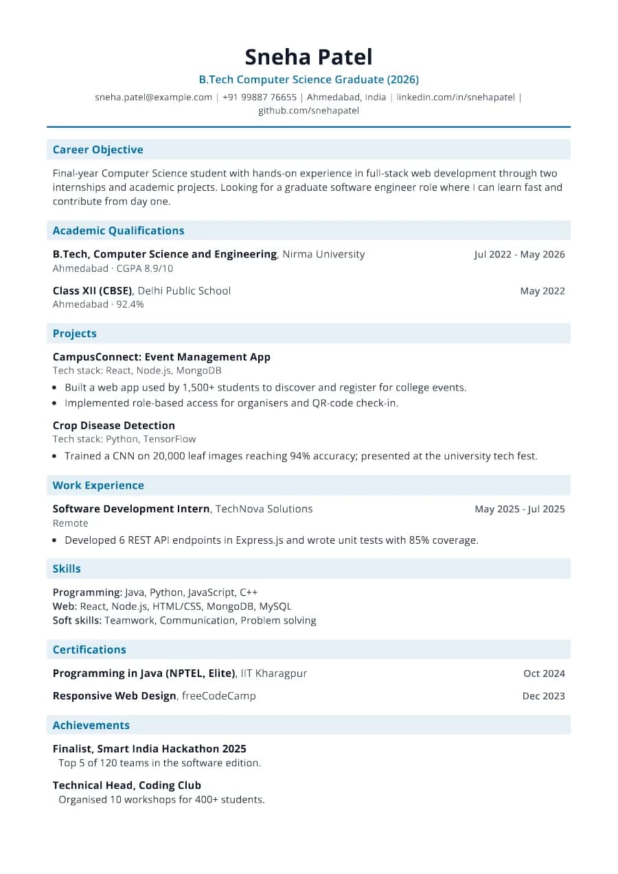 Campus resume template, A4 preview with sample content