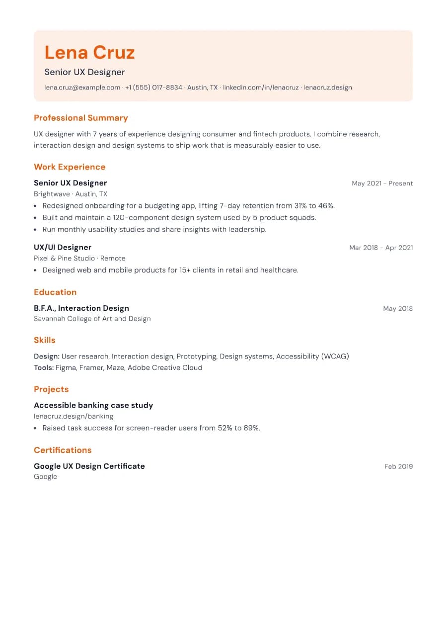 Canvas resume template preview: tinted header block with portfolio links