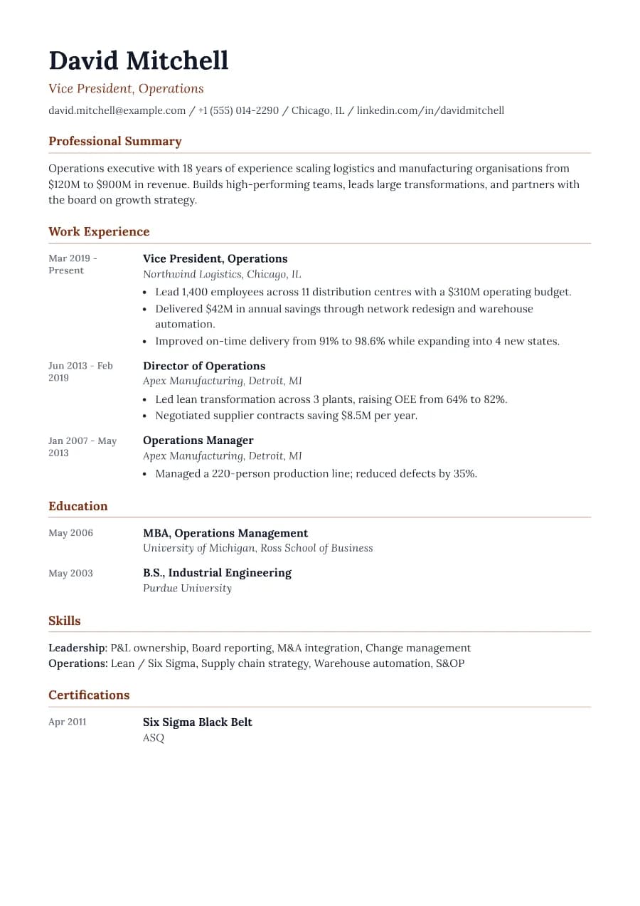 Chronicle resume template, A4 preview with sample content