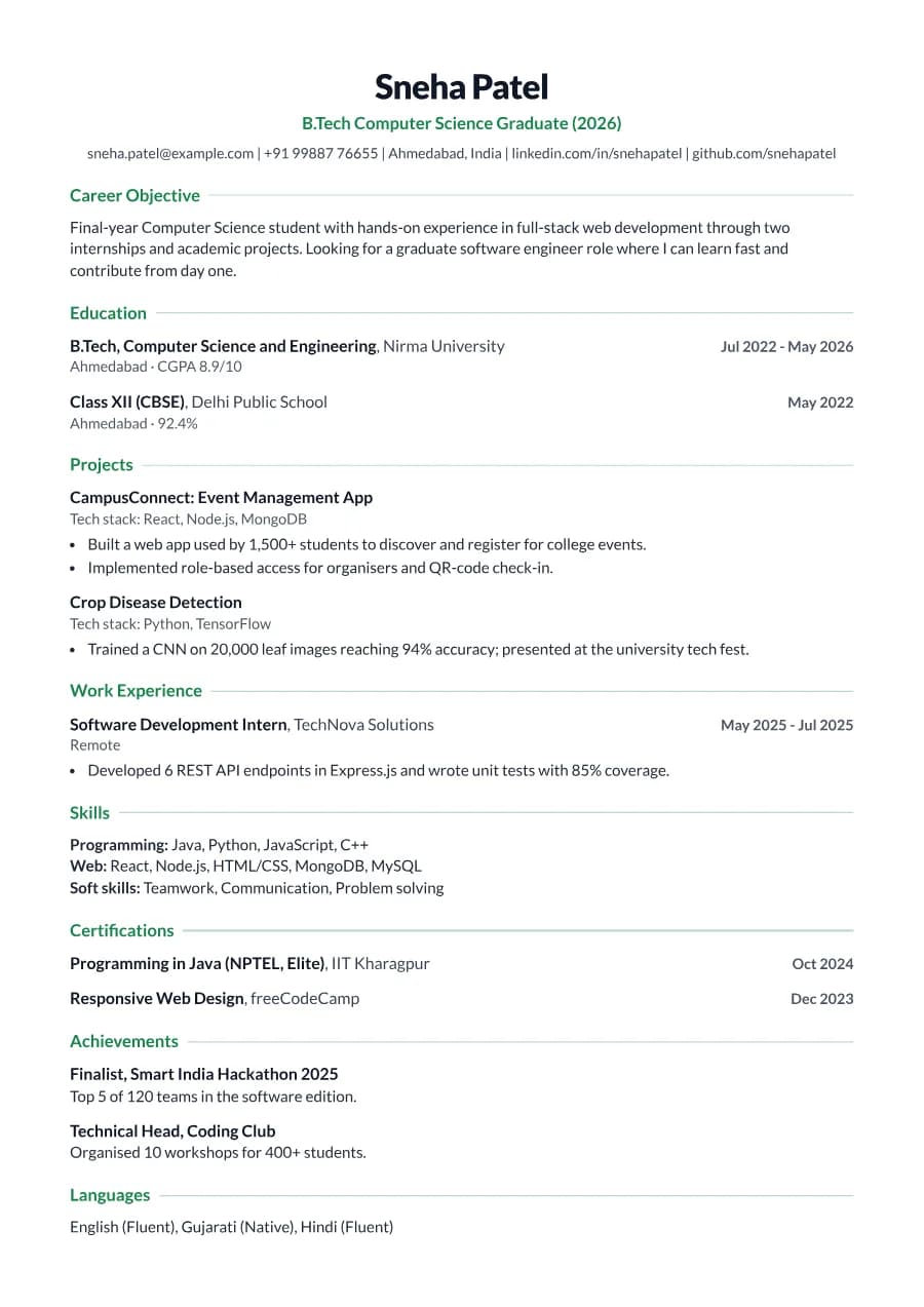 Fresher resume template preview: education and projects first, internships, achievements