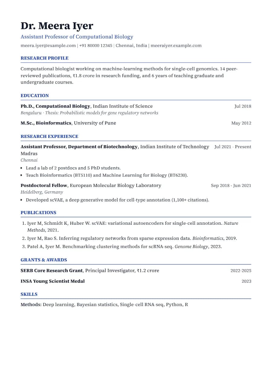 Research CV template, A4 preview with sample content