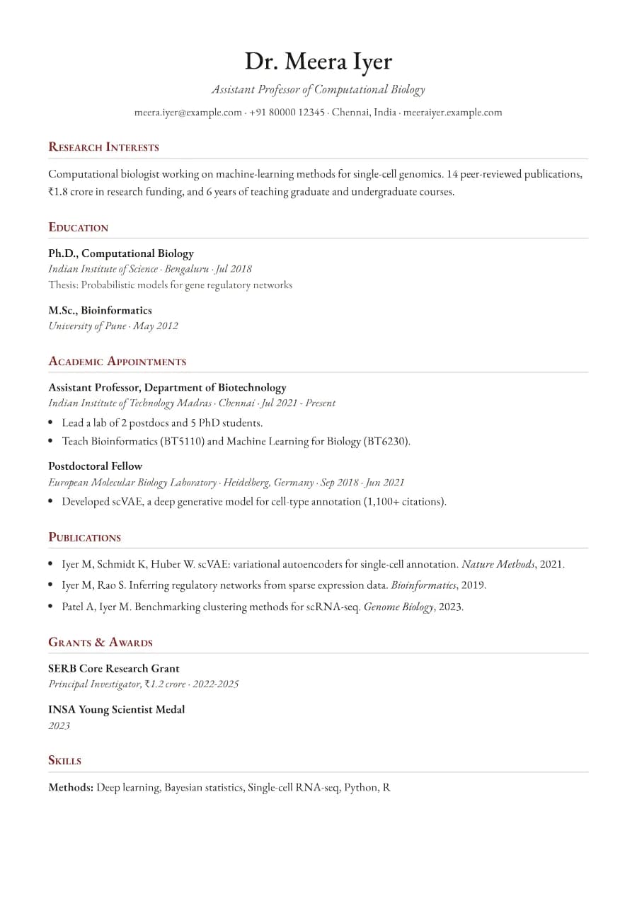 Scholar resume template preview: publications, grants and teaching sections