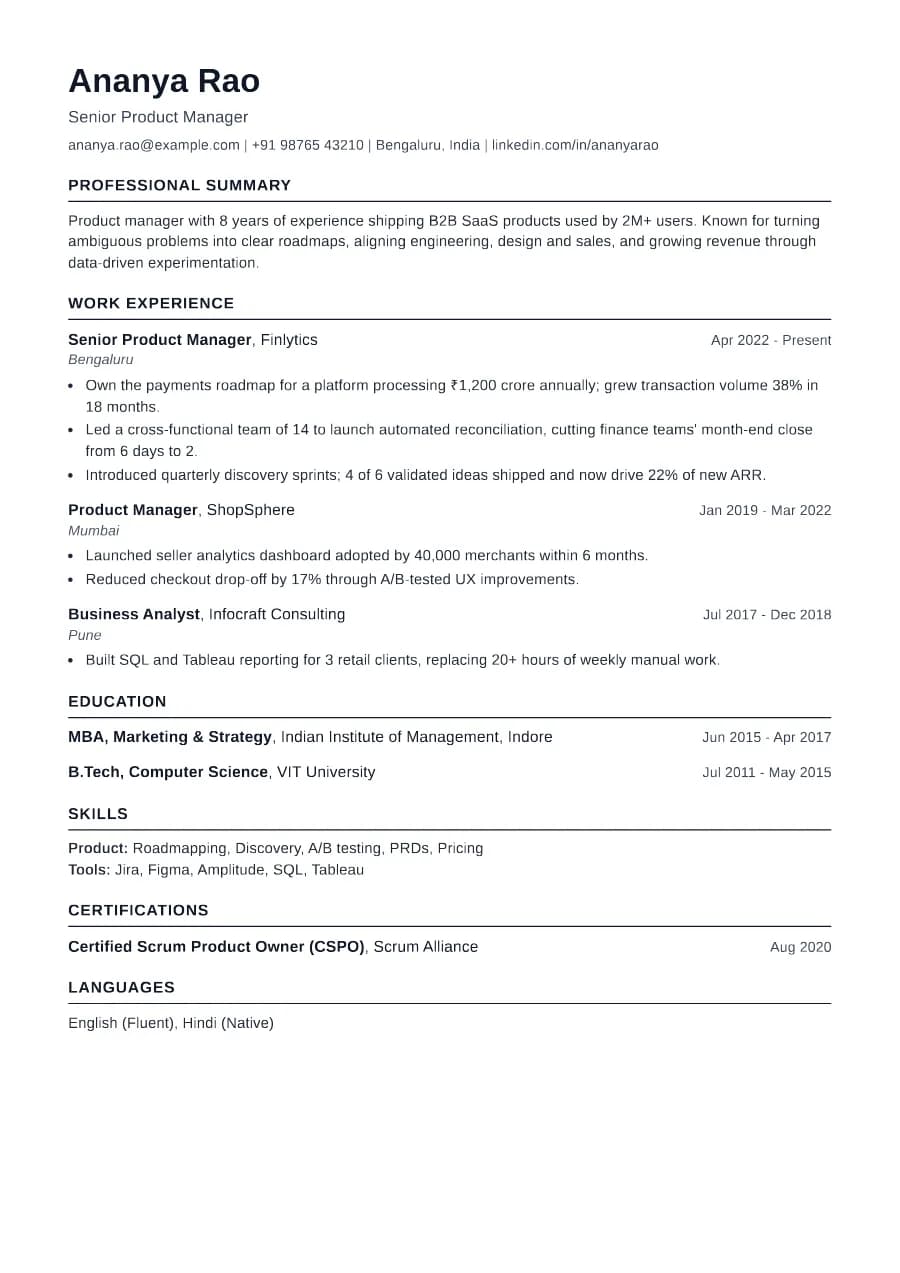 Standard resume template preview: left-aligned with all-caps headings, the safest default