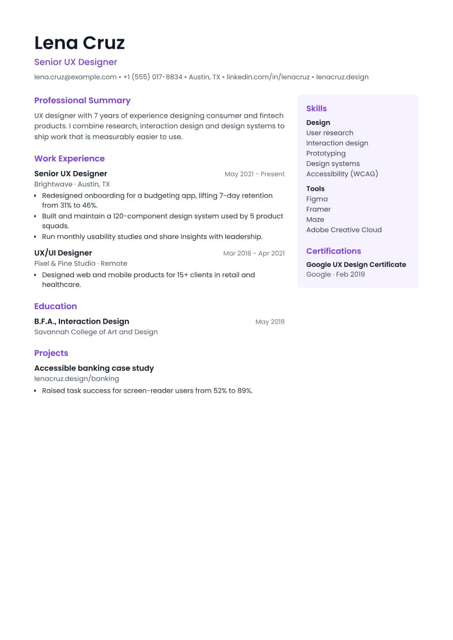 Studio resume template, A4 preview with sample content